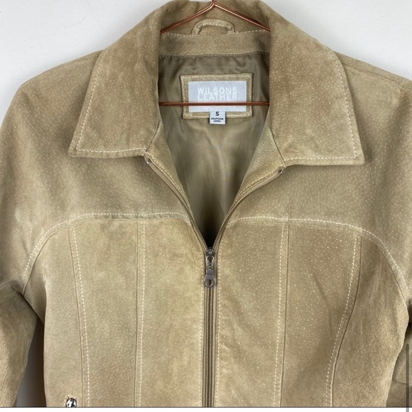 Wilson's Leather Tan Suede Boho Cottage Core Zip Pocket Cropped Moto Jacket S - Picture 4 of 8